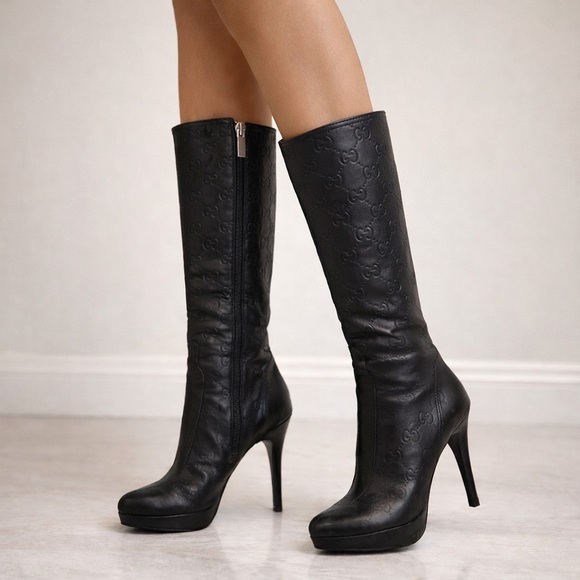 Shoes - Vintage Black Embossed Monogram Knee-High Platform Stiletto Boots – EU 38